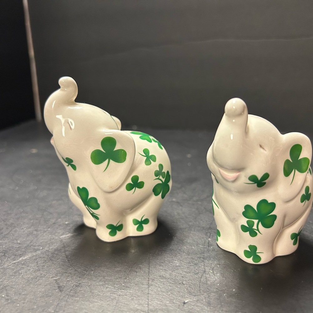 White Ceramic Elephant Salt & Pepper Shakers with Green Shamrock Print